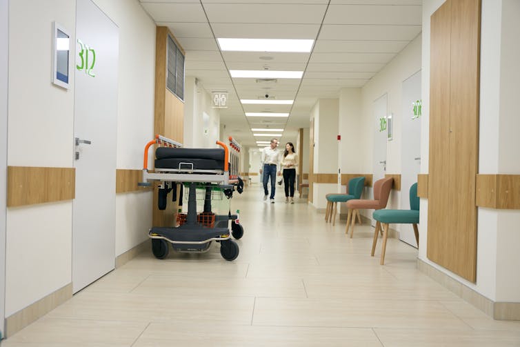 Hospital bed in corridor