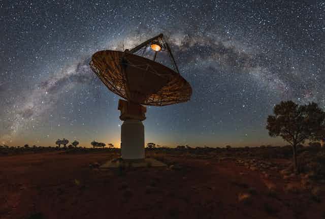 A large radio telescope silhouetted against the milky way in the night sky