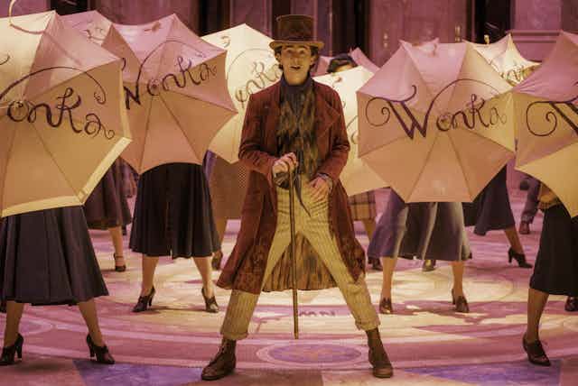 Timothée Chalamet as Wonka in a dance number.
