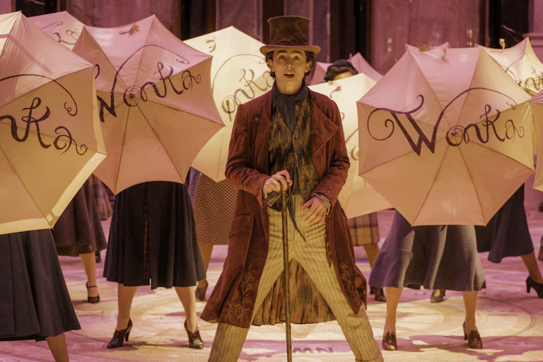 Timothée Chalamet as Wonka in a dance number.