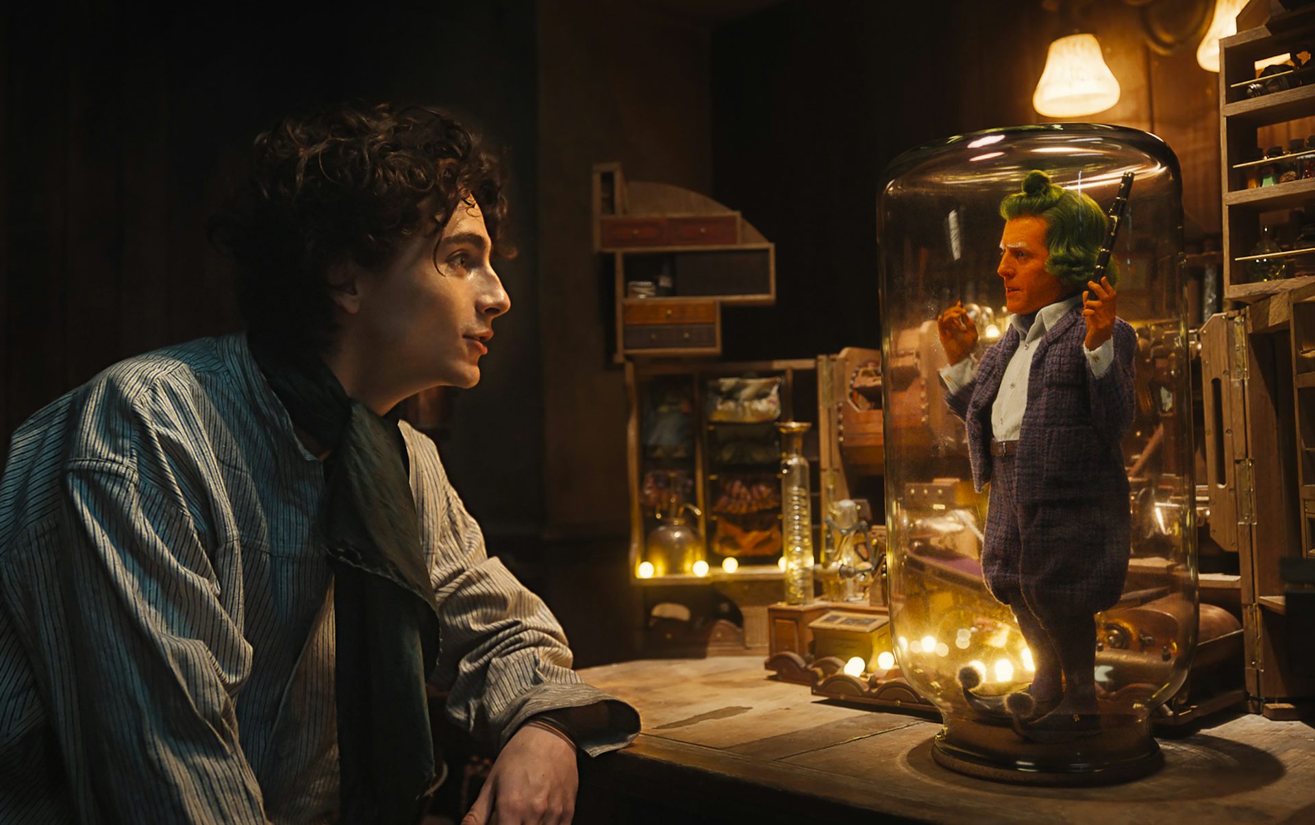 Chalamet as Wonka and Hugh Grant as an Oompa Loompa.