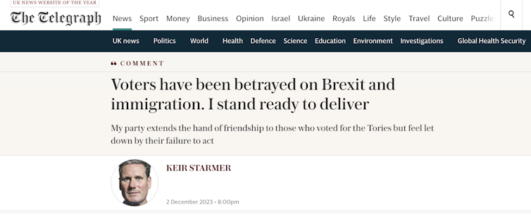 A screenshot of Keir Starmer's article in the Telegraph.