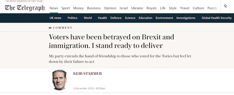 A screenshot of Keir Starmer's article in the Telegraph.