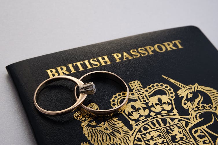 Two wedding rings on top of a dark blue British passport