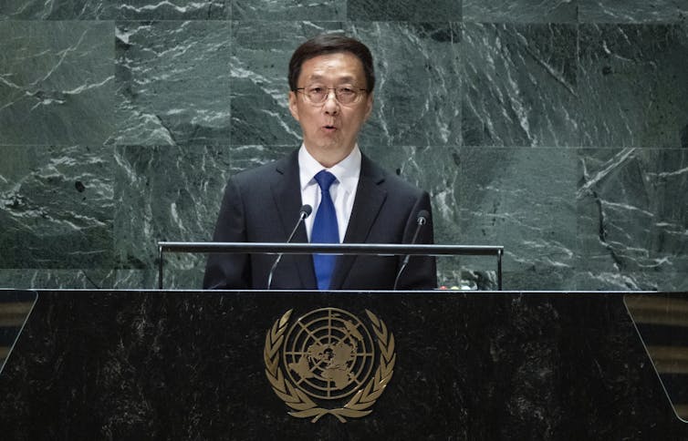 A man stands at a podium with the United Nations insignia and speaks into a microphone.