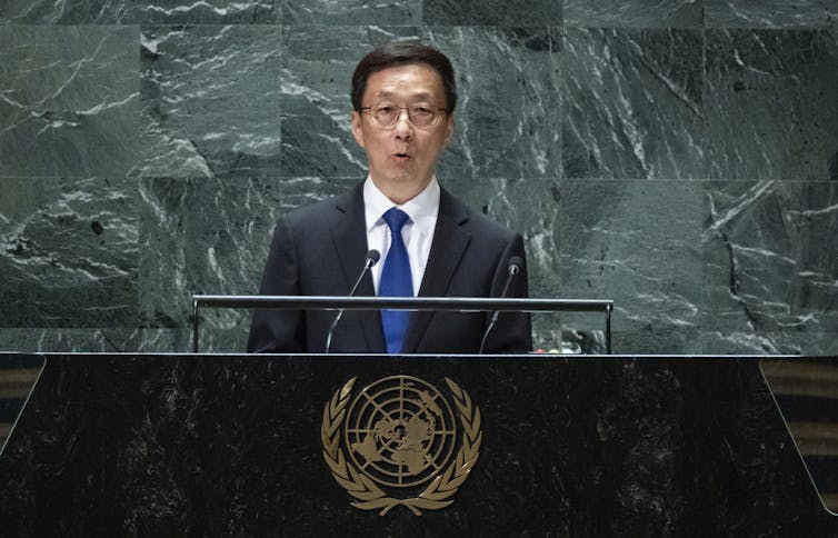 一名男子站在带有联合国标志的讲台上，对着麦克风讲话。