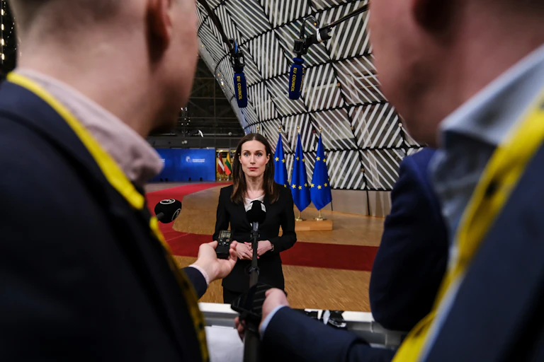 Finnish former Prime Minister Sanna Marin gives a press conference in Brussels, Belgium 10 February 2023.