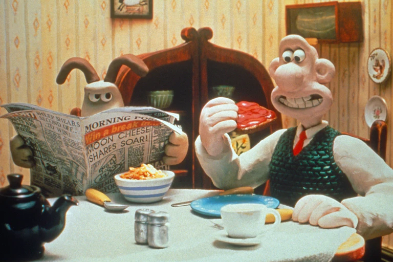 Wallace and Gromit at the breakfast table