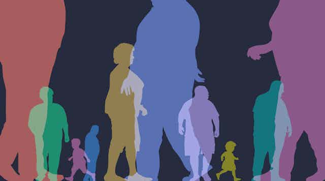 Colorful silhouettes of people in larger bodies.