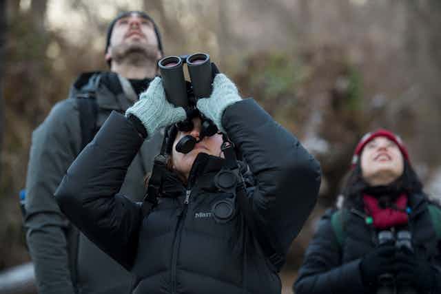 Three people, one using binoculars, look up at the sky
