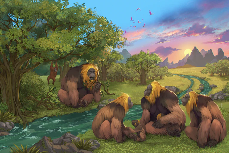 Illustration showing a group of large primates sitting by a stream among trees.