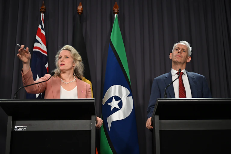 A woman and a man stand behind lecterns and address the media