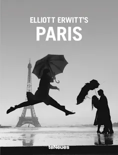 A black and white book cover showing a man with an umbrella leaping in front of the Eiffel Tower.