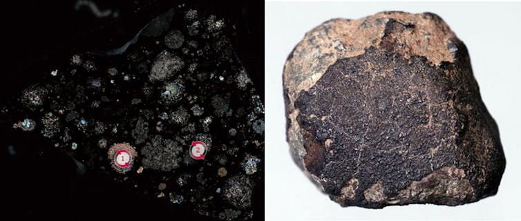 A martian meteorite under the microscope and hand specimen.