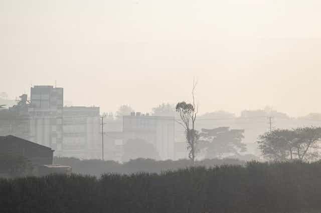 Vue de la ligne d'horizon de la ville indistincte à travers une brume grisâtre.