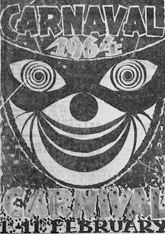 A poster showing an illustration of a clown face and with the words Carnaval 1964. Carnival 11 February.