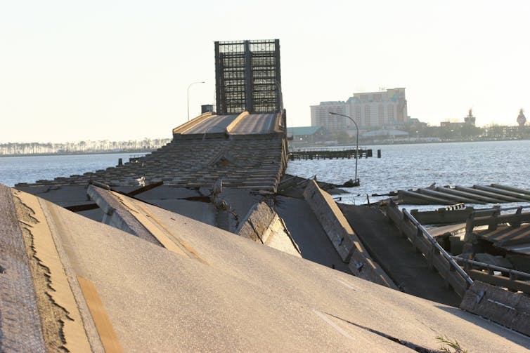 A bridge that has been destroyed by a hurricane.