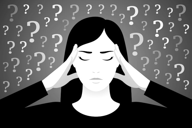 Illustration of a woman with eyes closed holding her temples.