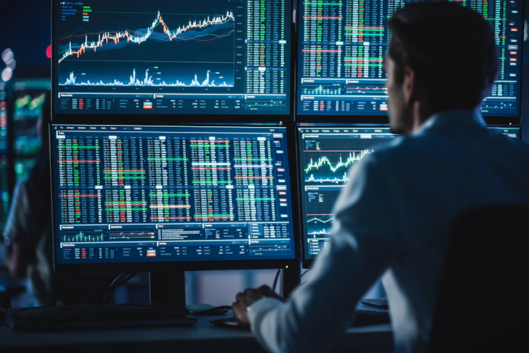 A financial analyst working on a computer.