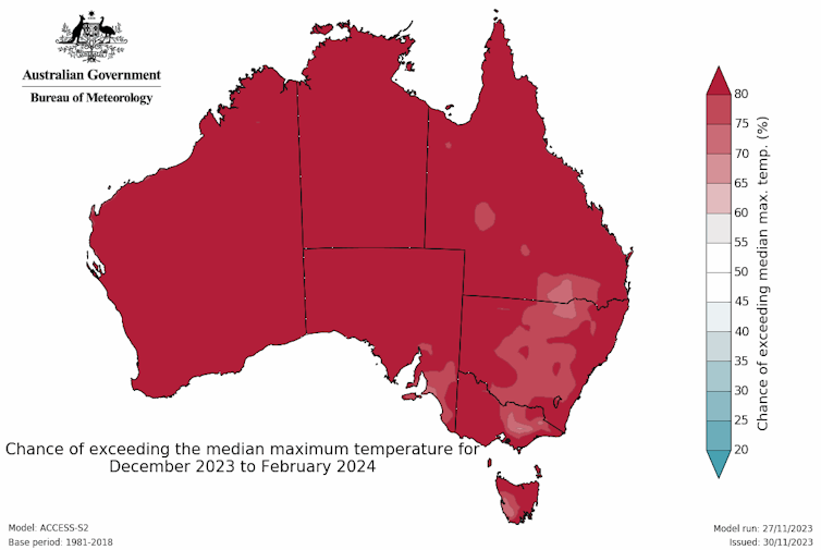Map of Australia showing chances of exceeding median maximum temperatures in summer