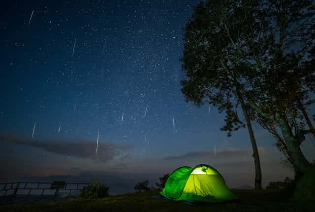 Tent next to tree with meteors in the sky
