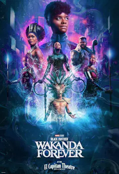A movie poster in blues and pinks featuring the sci-fi looking stars of Wakanda Forever.