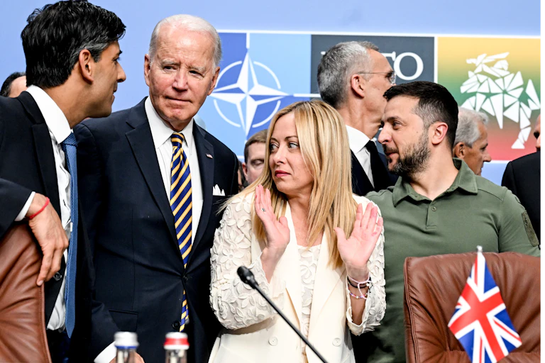 UK prime minister Rishi Sunak with US president Joe Biden, Italian prime minister Giorgia Meloni, NATO Secretary General Jens Stoltenberg, and Ukraine's President Volodymyr Zelensky
