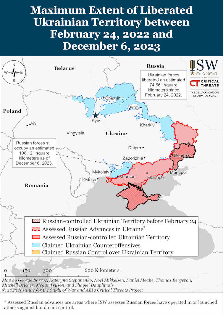 Map of Ukraine with Russian-occupied territory in red and claimed Ukrainian counteroffensives in blue.