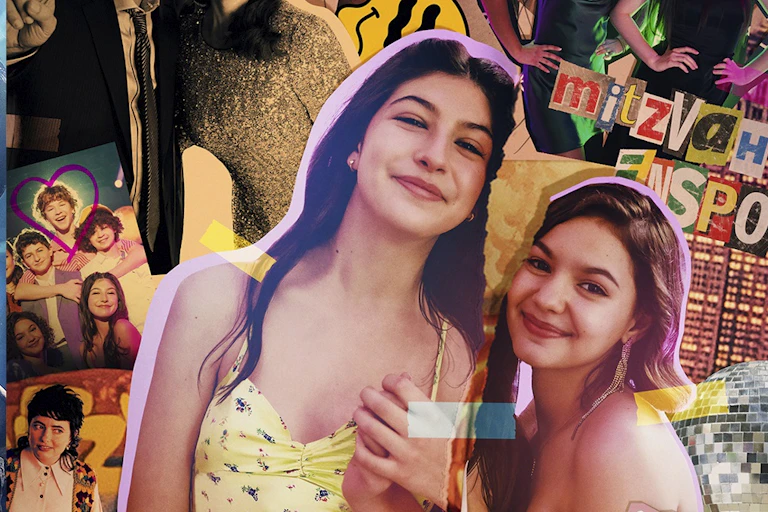 Two girls seen against a collage of images.