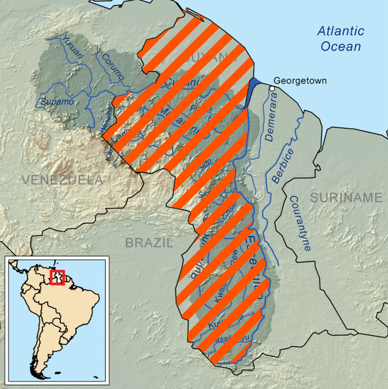 Map of Venezuela, Guyana and Suriname showing disputed territory.