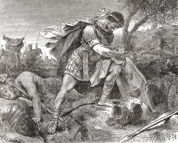Un dibujo en blanco y negro muestra a un hombre vestido con una túnica de aspecto muy antiguo que se clava una daga en el estómago.