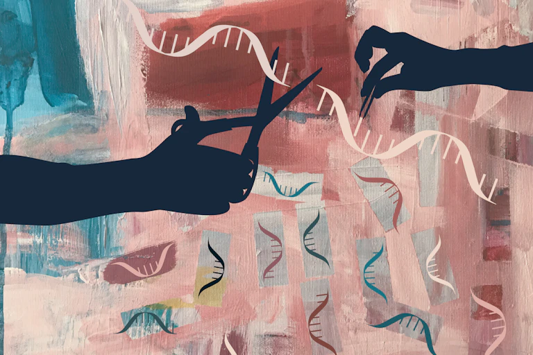 Illustration of silhouette of hands cutting up mRNA over an acrylic background