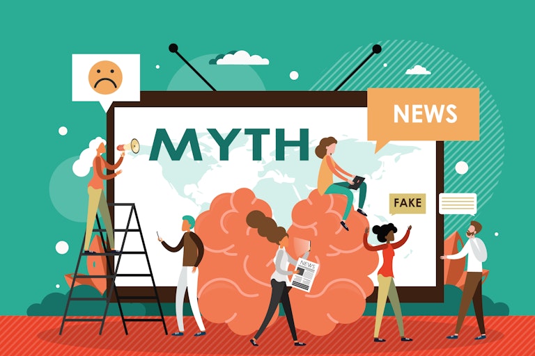Illustration of a misinformation concept, showing myths in large bold letters on a huge screen, with people working around the screen.