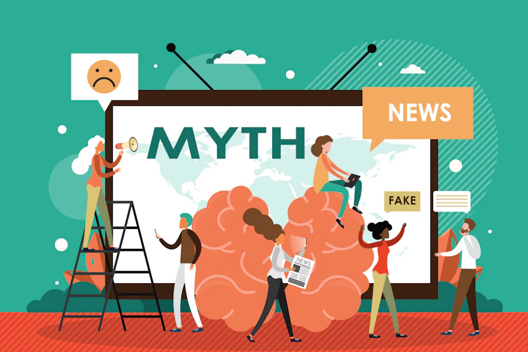 Illustration of a misinformation concept, showing myths in large bold letters on a huge screen, with people working around the screen.