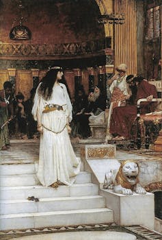 An ornate painting depicts a woman in white with long dark hair walking down steps and looking back toward a downcast king on a throne.