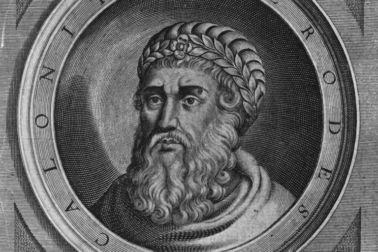 A black, gray and white illustration of a serious-looking man with a curly beard.
