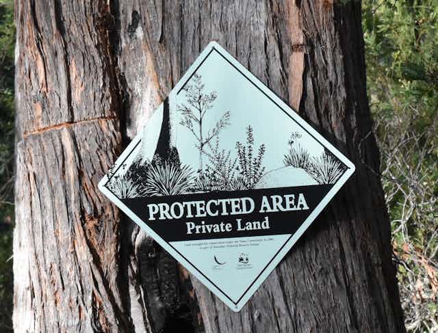 A sign reading 'PROTECTED AREA - Private land'