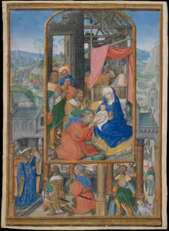 A richly illustrated medieval manuscript shows a scene of a family superimposed over other illustrations.