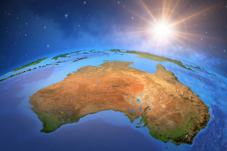 Surface of the Planet Earth viewed from a satellite, focused on Australia, sun rising on the horizon. 3D illustration - Elements of this image furnished by NASA.
