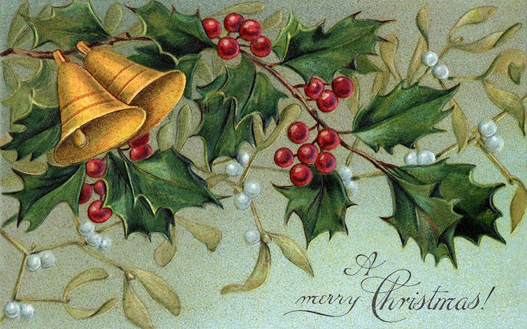 a traditional Christmas card from around 1910 showing white-berried mistletoe, red-berried holly and gold bells