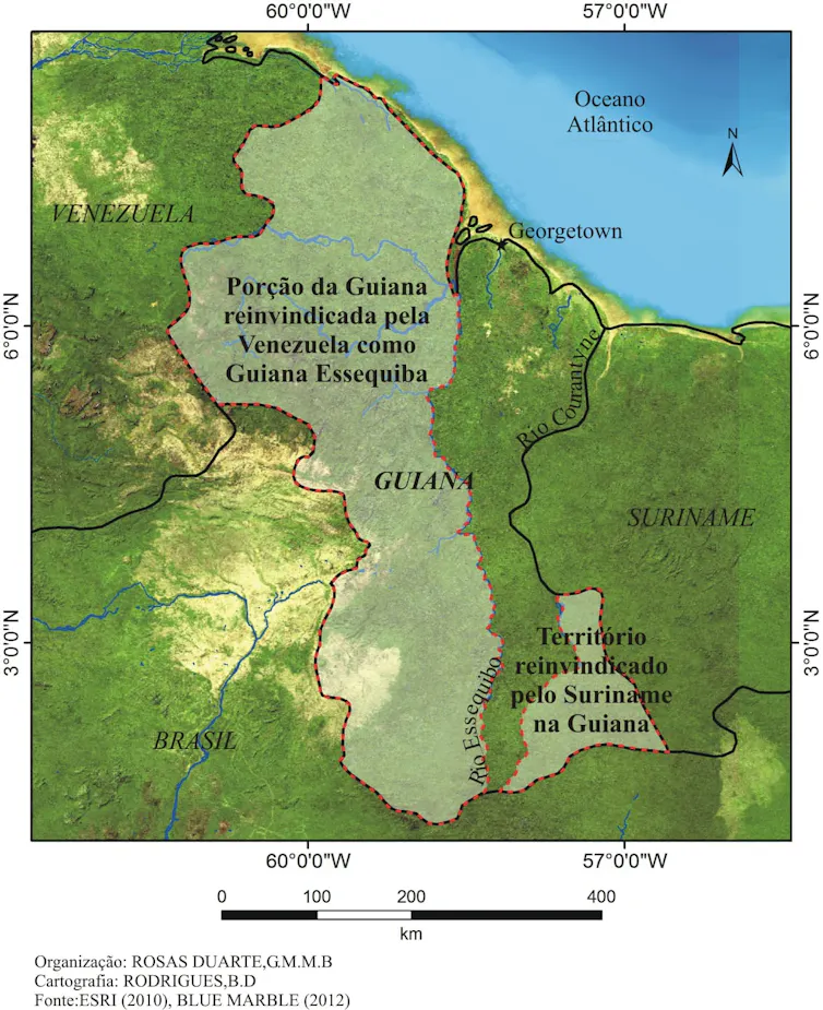 Mapa mostra as fronteira da Guiana com Venezuela e Suriname, marcando os territórios que ambos os países reivindicam para si.