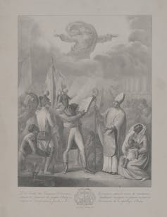 Illustration of Black man dressed in military regalia opposite a man in religious garb. They are surrounded by soldiers and citizens, and a god-like figure looks over them from the clouds.