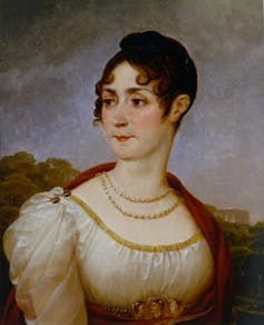 Painting of woman with short brown hair wearing two necklackes and a white ruffled blouse.