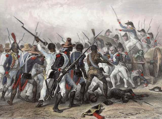 Engraving of Haitian troops engaged in combat with French colonial troops.