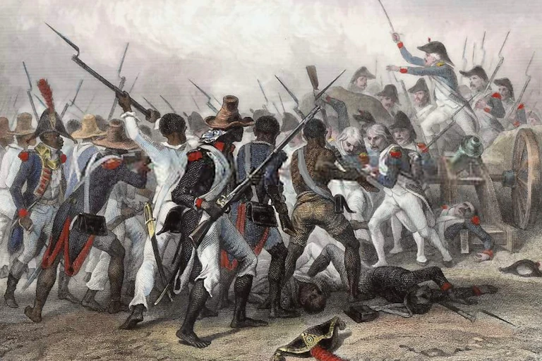 Engraving of Haitian troops engaged in combat with French colonial troops.