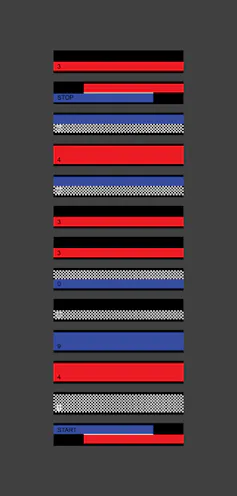 A row of different colored stripes. The stripes are black, red, gray and blue, and there's space between each stripe