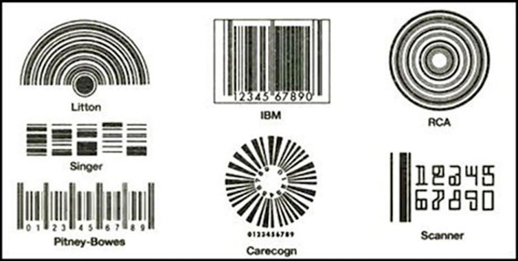 The seven finalists for the barcode symbol competition. The symbols are very different and include a bullseye shape, a sun shape, and the vertical lines on today's barcode.