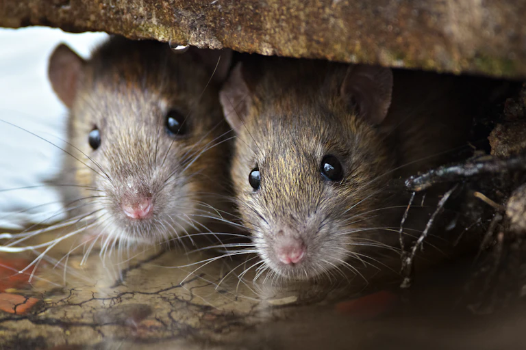 Two curious brown rats peek out from under brickwork