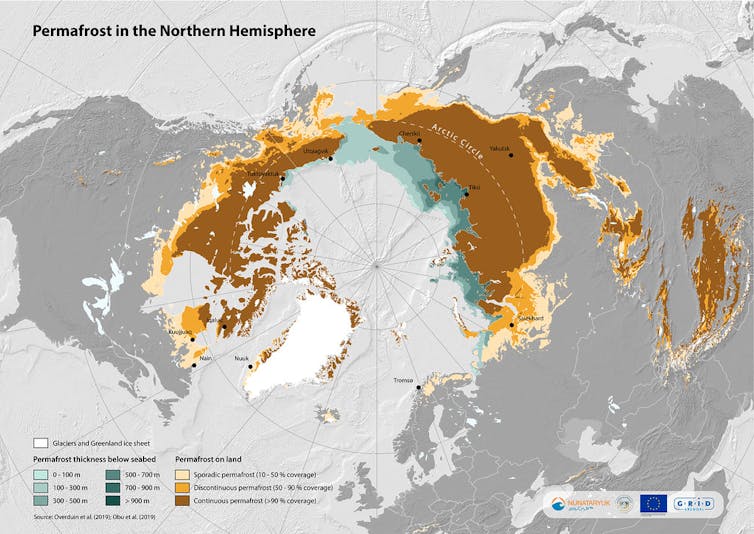 A map shows most subsea permafrost off Siberia but also some off Alaska and Canada.