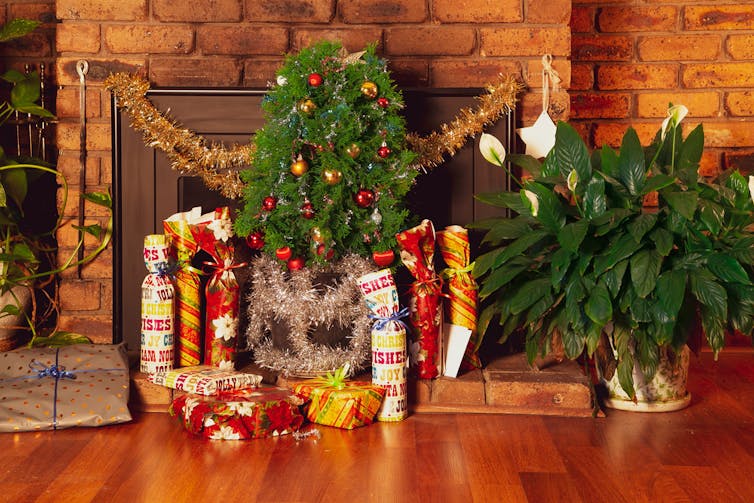 A couple of sad looking presents are placed around a very small Christmas tree.